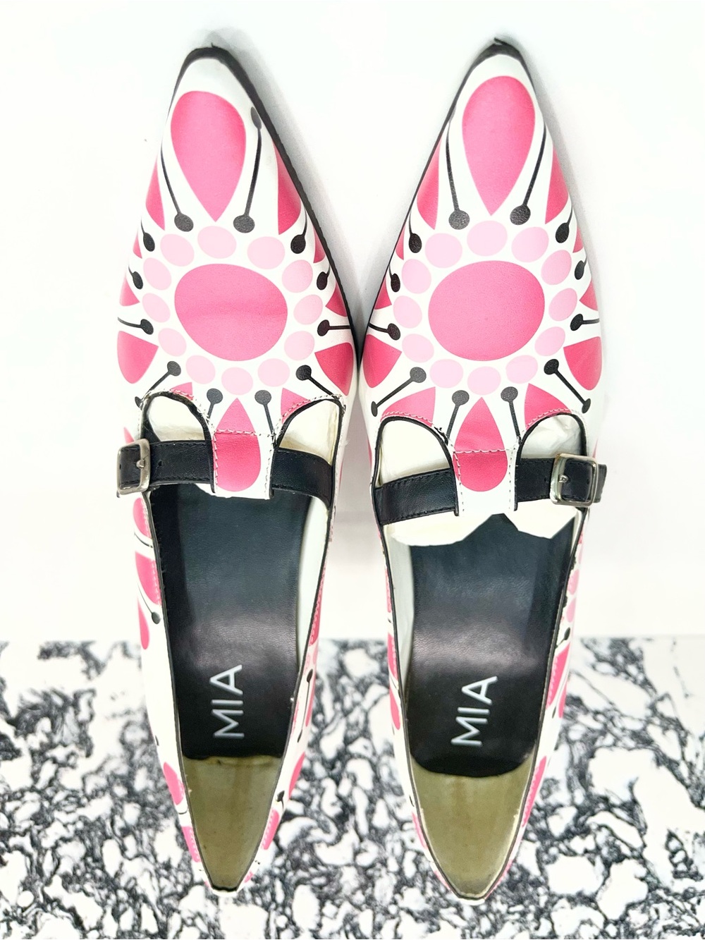 MIA Pink & White Patterned Mary Jane Heels with Black Strap - Picture 7 of 10